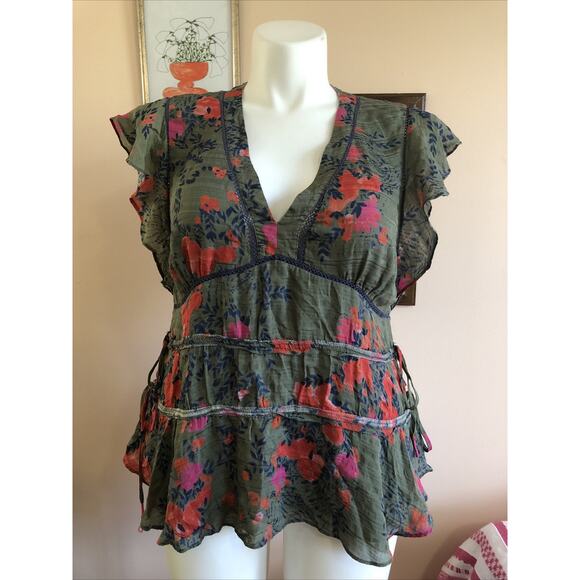 TANYA TAYLOR Ruffle Sleeve Green Red Floral Lined 100% Silk Size 12 V Neck - Picture 1 of 7